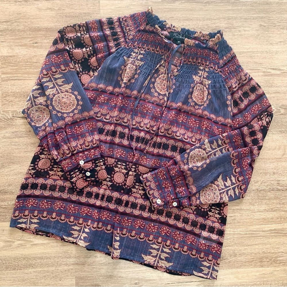 Anthropologie RD + KOKO Sheer Floral Ruched Neck Shimmer Boho Peasant Blouse